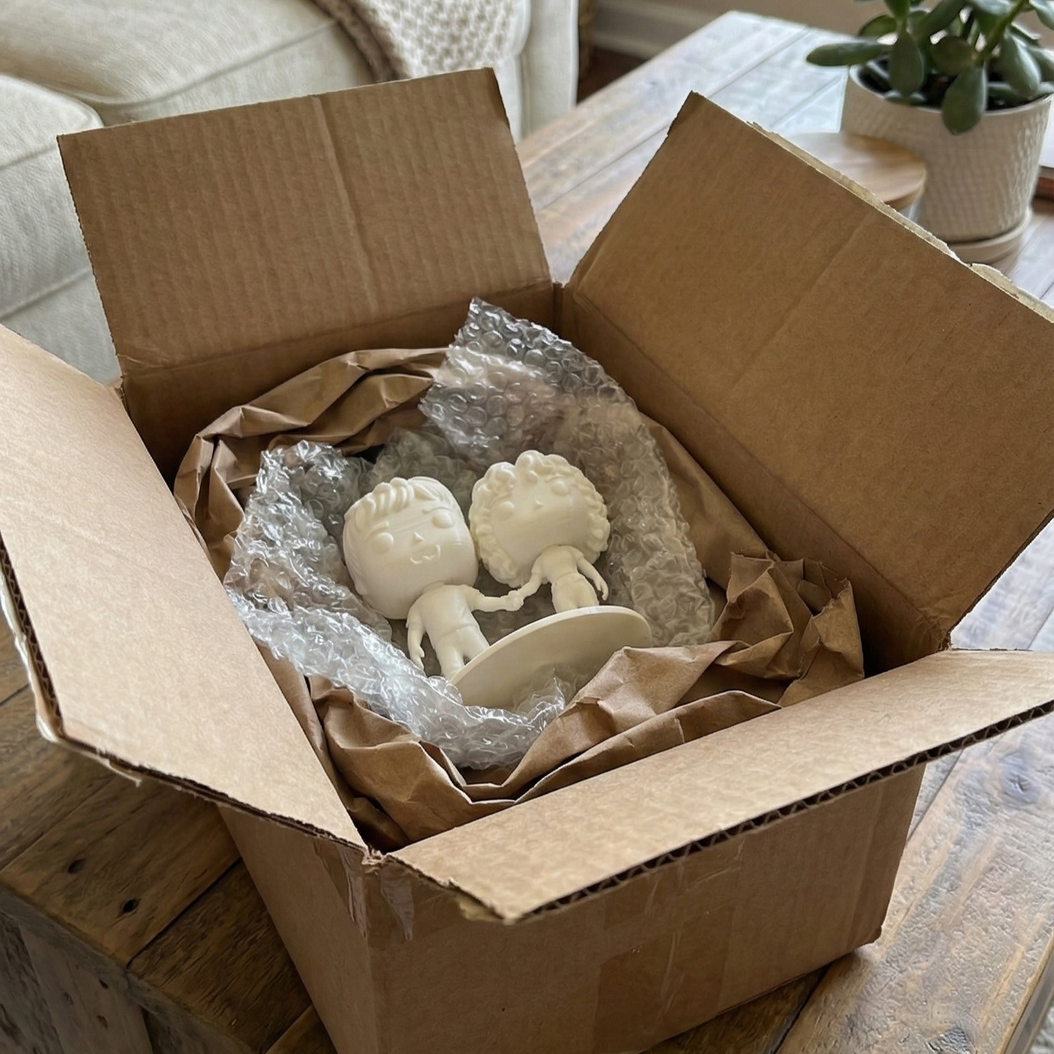 Pareja de Funko Pops personalizados protegidos en caja de envío