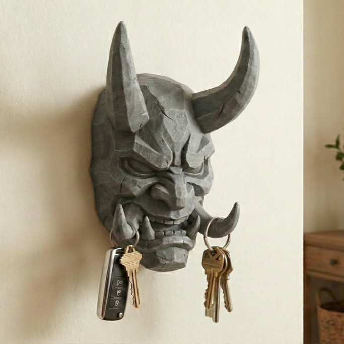Soporte para llaves con diseño de máscara Samurai Oni en pared
