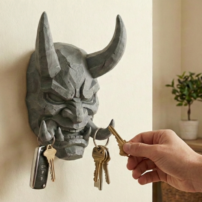Persona colgando llaves en soporte Samurai Oni de impresión 3D